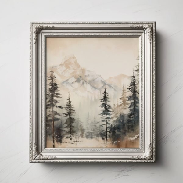 3- Forest and Mountain Landscape Oil Painting - Wall Art Print - Mountain Landscape Decor in Neutral Tones Digital Download |