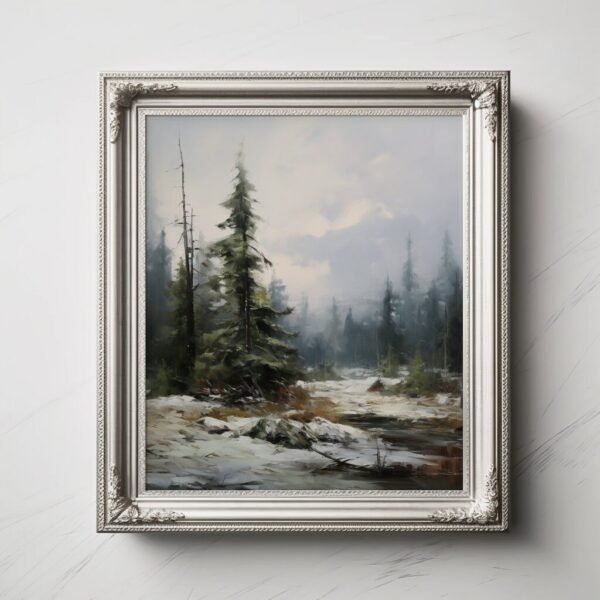 7 Vintage snowy forests in the style of Dmitri Danish, Mark Lague, and Theodor Kittelsen. Moody realism meets sublime wilderness. Art await