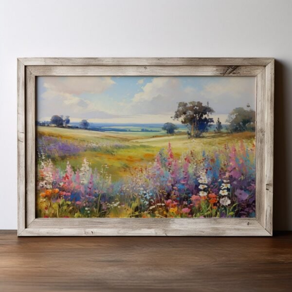 18 Vibrant wildflower oil painting in soft color fields. High-res UHD art inspired by Anatoly Metlan and Josef Kote. Bring nature indoors