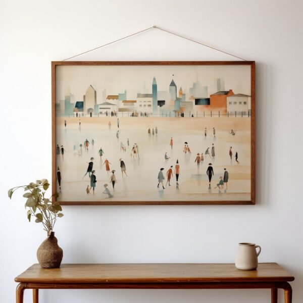 28 Captivating beach scene with playful figures. Minimalist cityscape in beige and aquamarine. Victorian Glasgow meets whimsy.