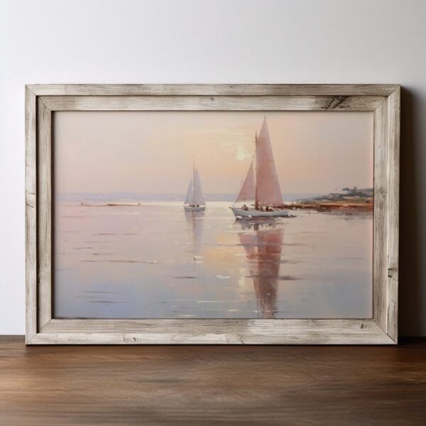 30 Graceful sailboats on tranquil waters. Delicate impressionism in light pink and amber. Perfect coastal escape in 8K resolution.