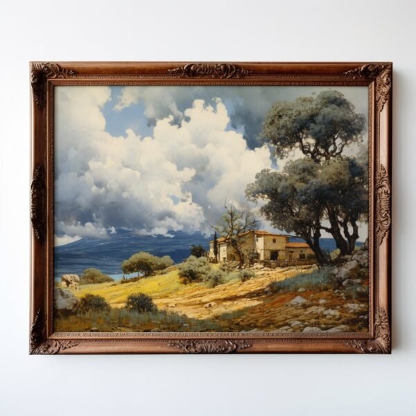 34 Captivating Italian landscape: a home beneath dramatic skies. Jean Giraud-inspired artistry in yellow and azure hues.