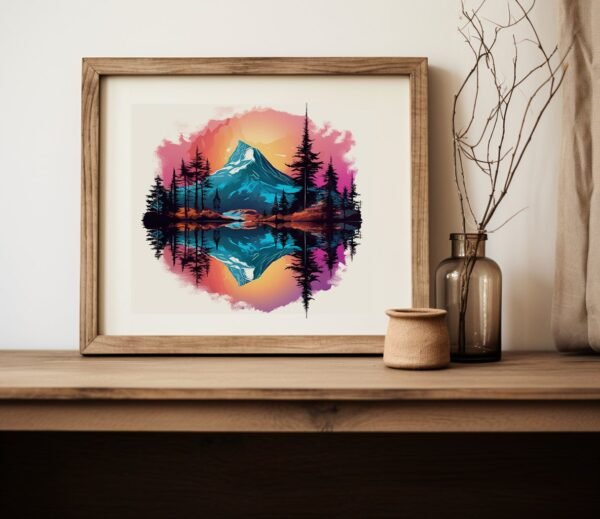 44 - Colorful Mountain Reflections: Digital Illustration, Smokey Background, Vibrant Realism