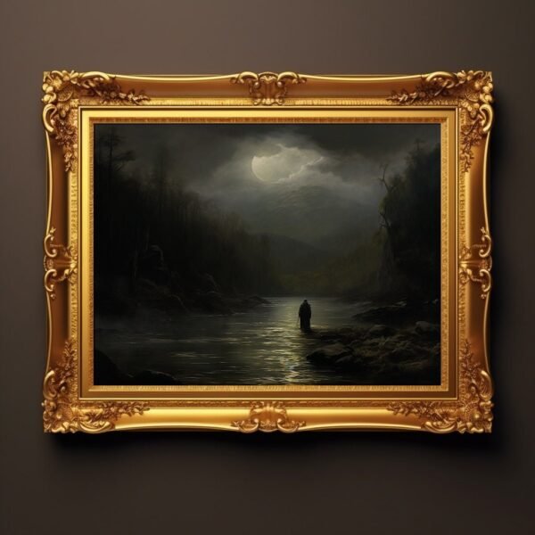 46 - Mystical Nocturnal Portrait: Dark Figure by Moonlit River - Enigmatic Landscape Art in High Resolution