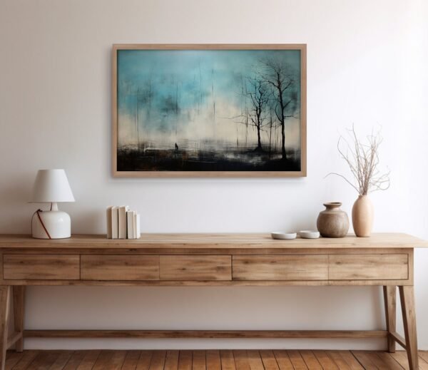 55 Abstract Tree Painting Dark Turquoise, Cyan, Misty Atmosphere, Ghostly Figures, Large Canvas, Haunting Beauty