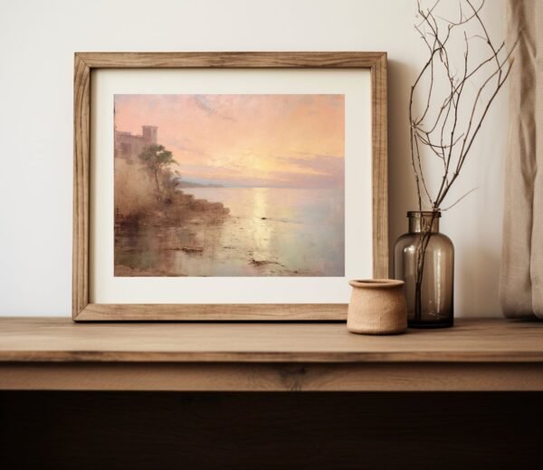 10 Castle by the water and a beach sunset in these captivating oil paintings, blending artistry and romance, vintage Digital Print