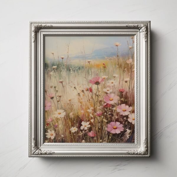 15 Lush wildflower field in soft hues. , vibrant realism, inspired by David Mould and Michael Page. Vintage oil painting, digital print