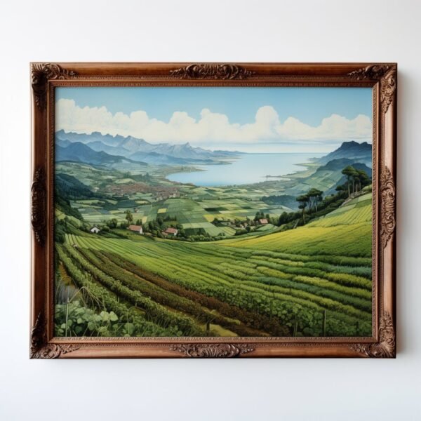 37 Captivating farm and lake scene, meticulously detailed with uncanny realism. Photorealist inspiration meets serene landscapes